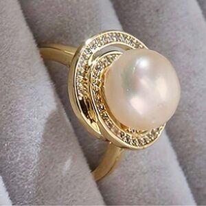 New 18K Gold Plated Pearl Halo Ring | CZ Accents | Size 7 | Elegant Statement